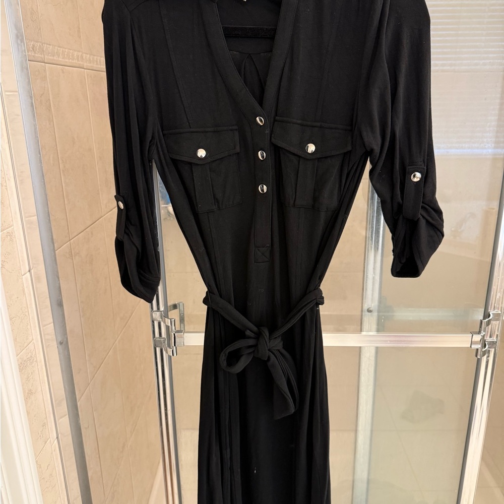 White House Black Market Black Long Sleeve Belted Shirt Dress